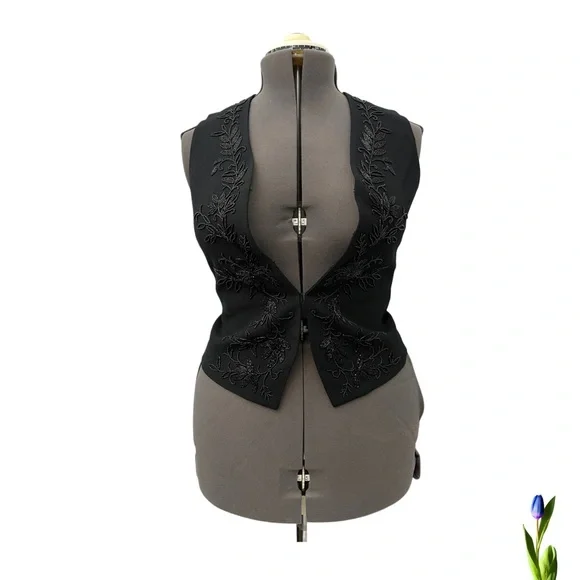 90s Vintage Liz Claiborne Vest Black Beaded Embellished Tuxedo - Picture 2 of 9
